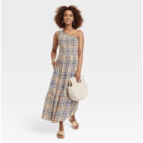 Knox Rose Women's XXL One Shoulder A-Line Maxi Dress Asymmetrical Sundress Tan - Picture 1 of 5